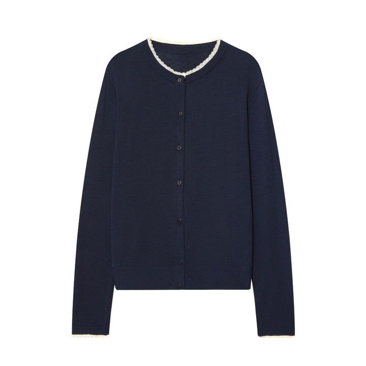 Women's short-cut fine-knit cardigan with round neckline, continuous button placket, and delicate lace edge Mune Fashion