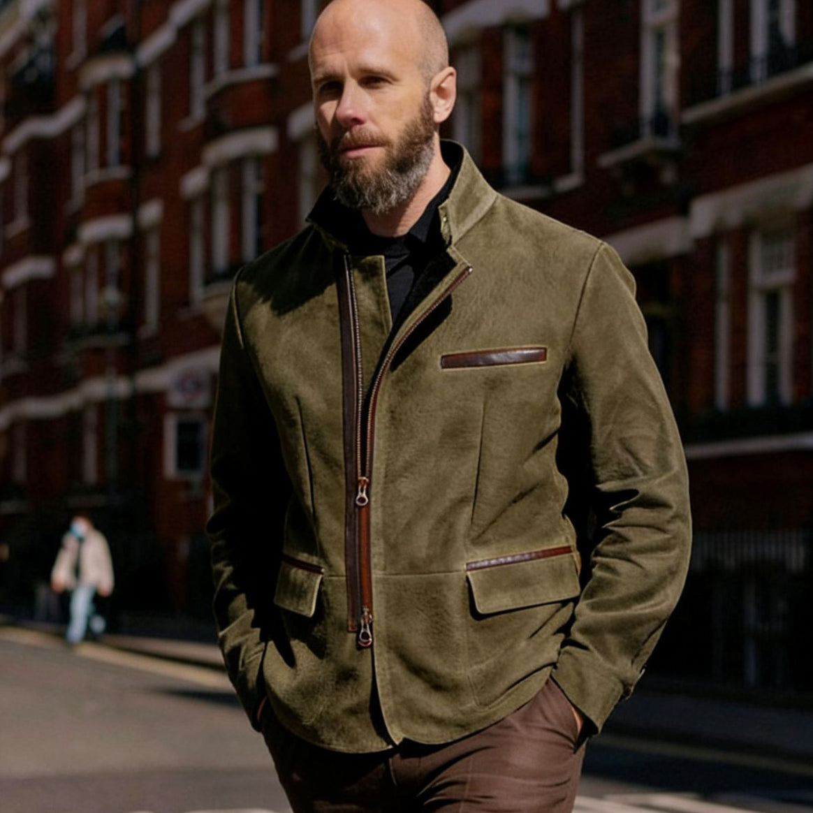 Men's leather jacket with high stand-up collar and asymmetrical two-way zipper Mune Fashion