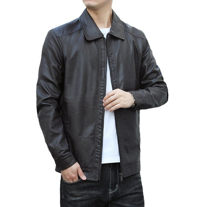 Men's Genuine Leather Blouson with Shirt Collar, Slim Fit and Concealed Zipper Mune Fashion