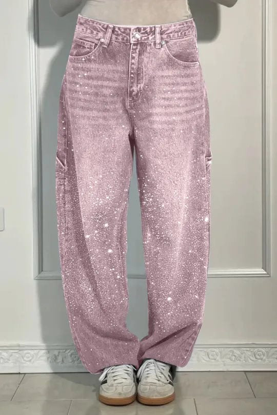 Women's High-Waist Jeans in loose Cargo cut with sparkling rhinestone trim Mune Fashion
