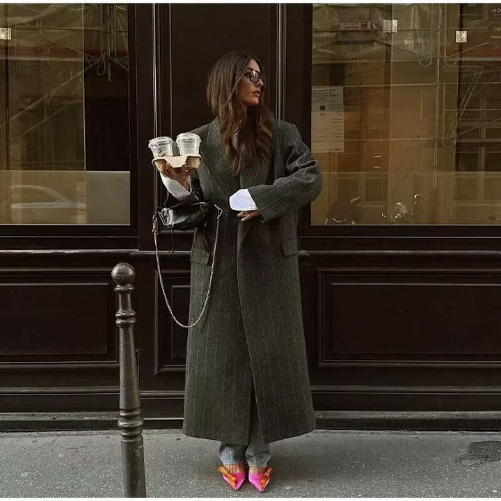 Women's long double-breasted coat in pinstripe look with large lapels and flap pockets Mune Fashion