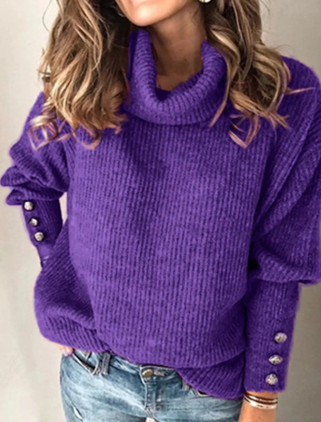 Women Oversize Roll Neck Sweater with Textured Knit and Decorative Buttons Mune Fashion