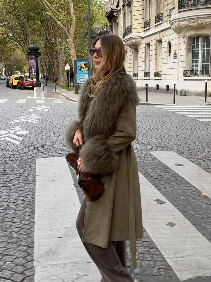 Women's Midi Length Tied Coat in Suede Look with Oversized Fur Collar and Voluminous Fur Cuffs Mune Fashion