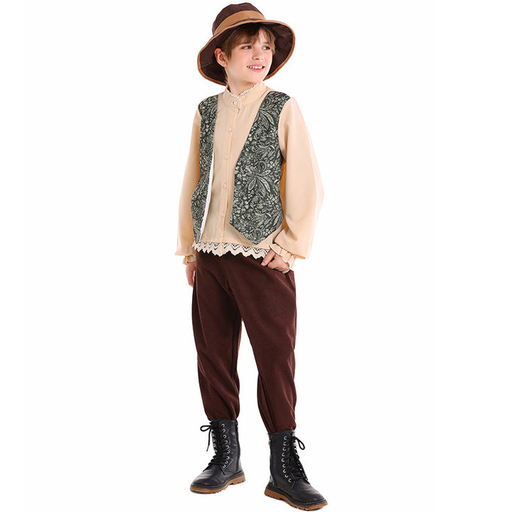 Unisex nan children's costume set with embroidered paisley vest and ruffled blouse Mune Fashion