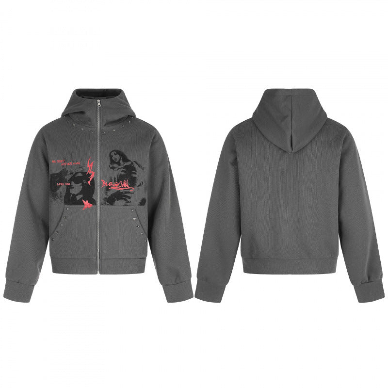 Unisex Oversize Hoodie Sweat Jacket with full zip, studded trim, and graphic front print Mune Fashion