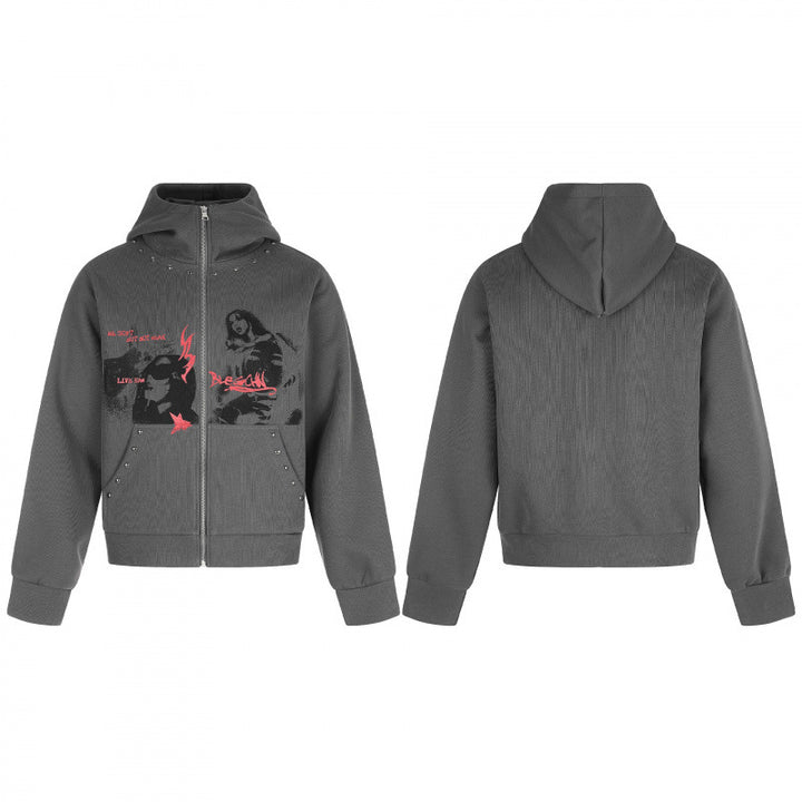 Unisex Oversize Hoodie Sweat Jacket with full zip, studded trim, and graphic front print Mune Fashion