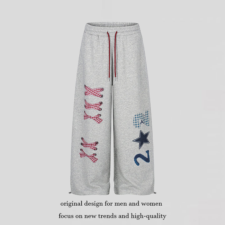 Women's Wide Palazzo Sweatpants with Plaid Pattern Applications, Drawstring Waistband and Adjustable Hem