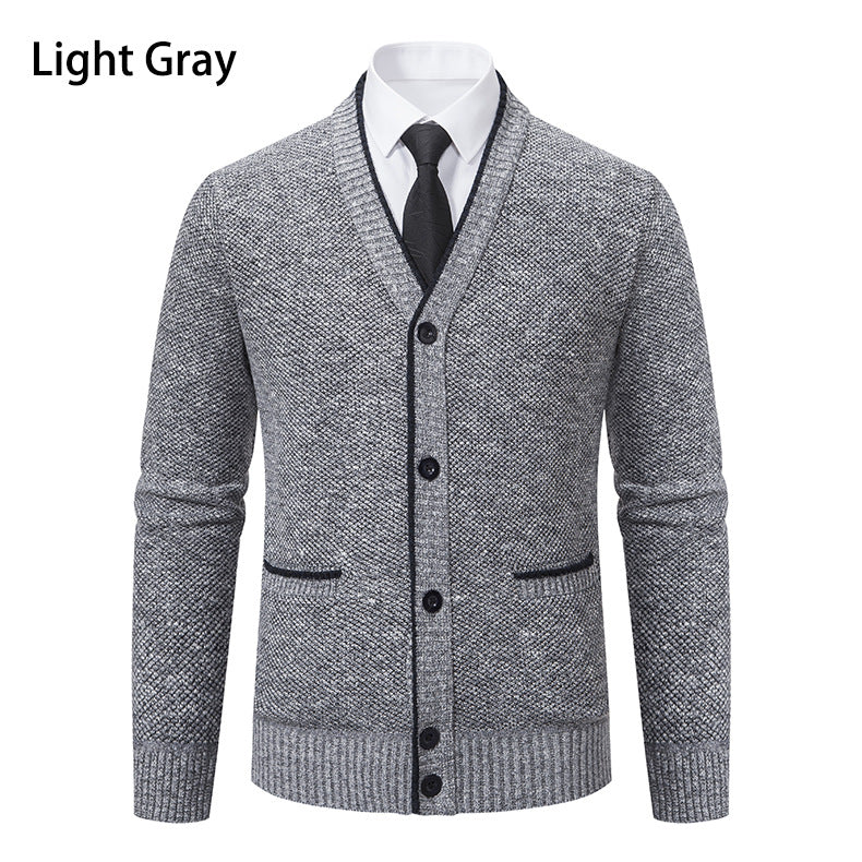 Men's knitted cardigan with melange structure, V-neck, contrast edges, and patch pockets Mune Fashion