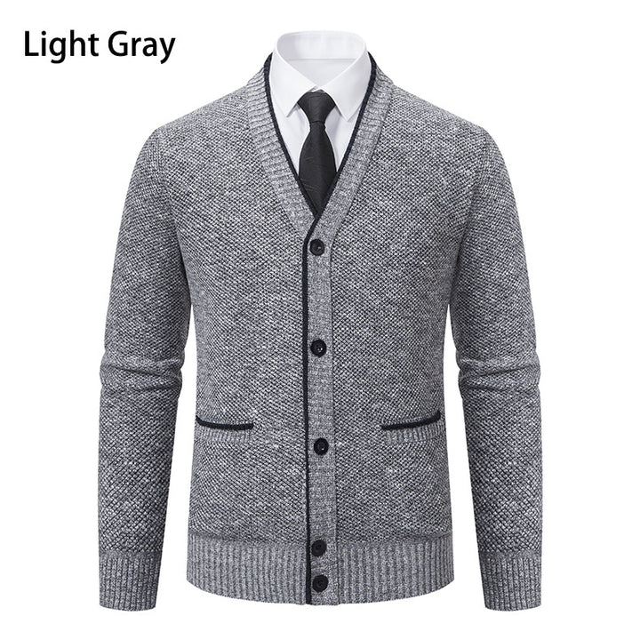 Men's knitted cardigan with melange structure, V-neck, contrast edges, and patch pockets Mune Fashion