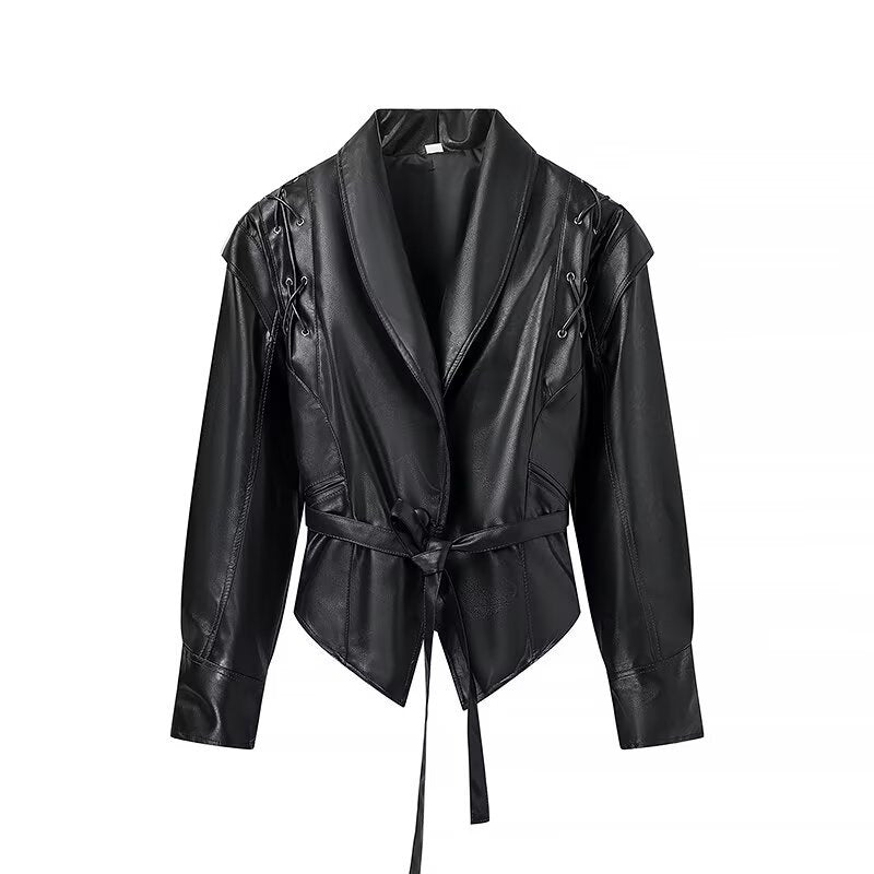 Women's longer tailored faux leather coat with shawl collar and tie belt Mune Fashion