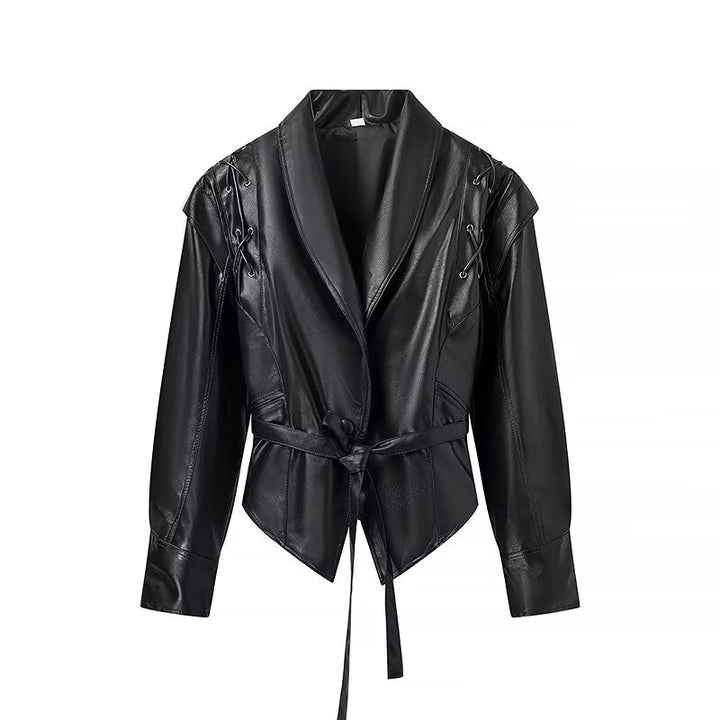Women's longer tailored faux leather coat with shawl collar and tie belt Mune Fashion