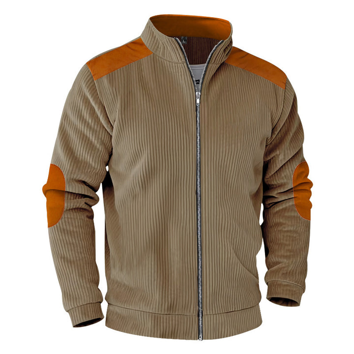 Men's ribbed stand-up collar sweat jacket with full zip, shoulder and elbow patches Mune Fashion