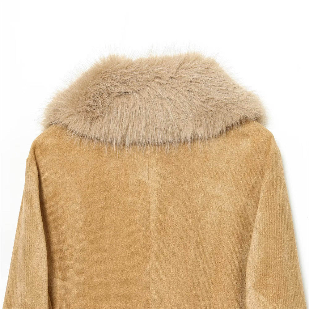 Women's short jacket made of faux suede with voluminous shawl collar and fur cuffs Mune Fashion