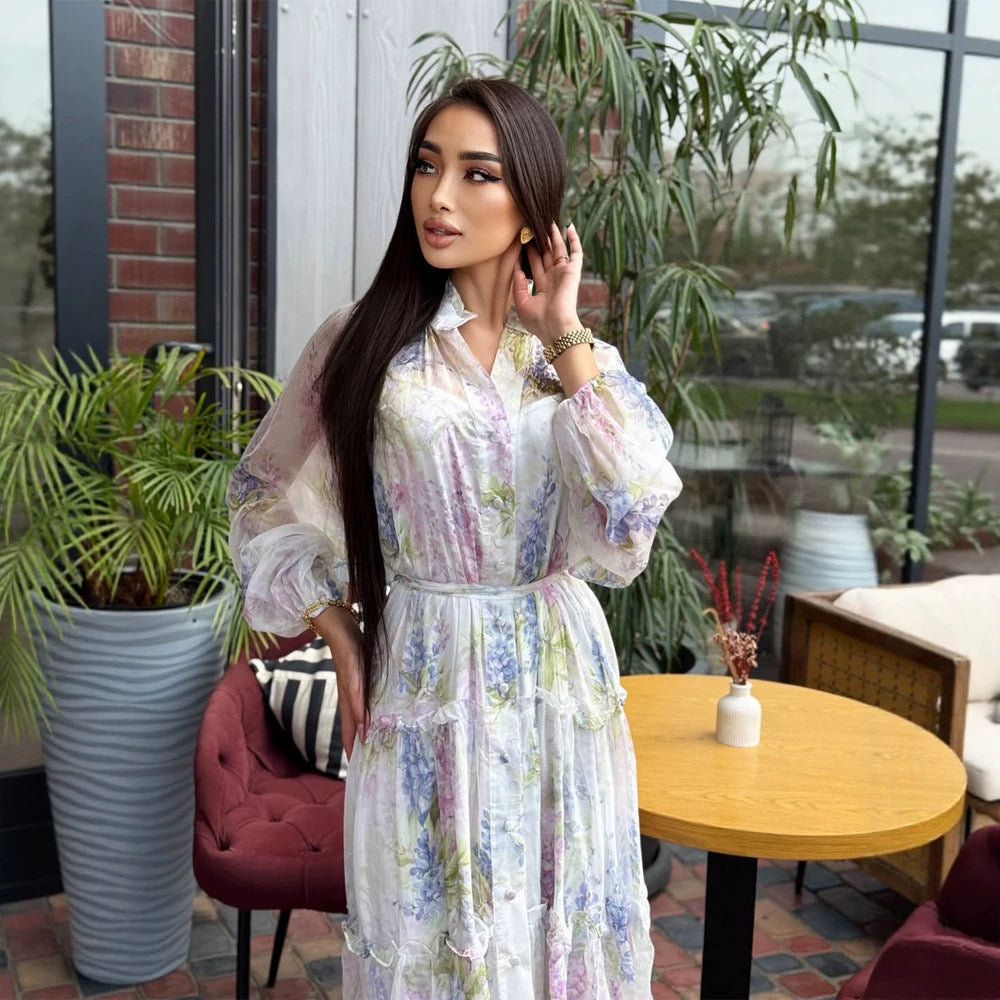 Women's Long Chiffon Tiered Maxi Dress with Ruffles & Delicate Flower Print Mune Fashion
