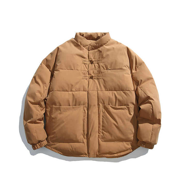 Unisex Boxy padded stand-up collar jacket with Chinese toggle closures and large front pockets Mune Fashion