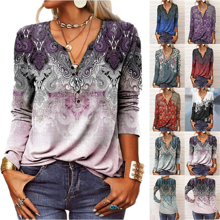 Women Loose Long Sleeve Henley Shirt with V-Neck, Button Placket and Ombre Print Mune Fashion