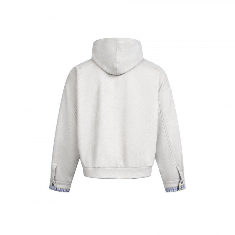 Men's Hooded Fleece Jacket with Checkered Lined Collar and Quilted Logo Applications Mune Fashion