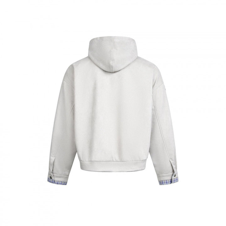 Men's Hooded Fleece Jacket with Checkered Lined Collar and Quilted Logo Applications Mune Fashion