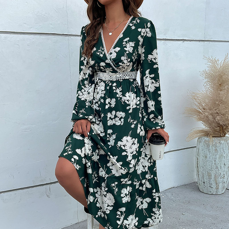 Women's Wrap Midi Dress in Boho Style with Lace Yoke, Crochet Waistband & Side Slit Mune Fashion