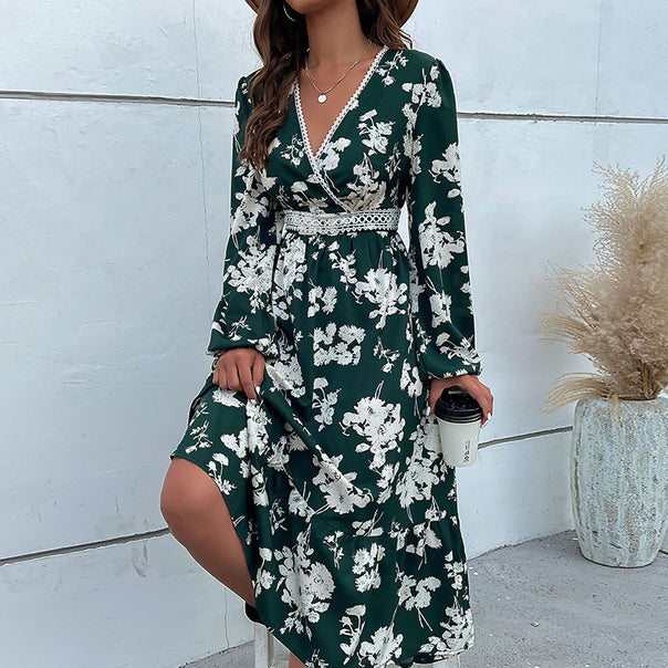 Women's Wrap Midi Dress in Boho Style with Lace Yoke, Crochet Waistband & Side Slit Mune Fashion