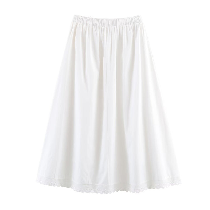 Women's midi skirt with elastic waistband, pleated details and embroidered lace trim Mune Fashion