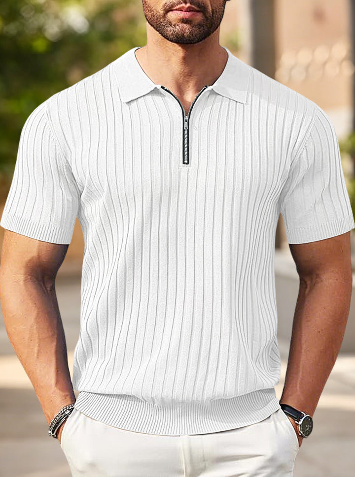 Men's elegant structured short sleeve knit polo with short metal zipper and shirt collar Mune Fashion