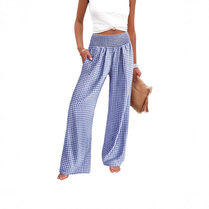 Women Lightweight Palazzo Pants with Smocking Waist, Wide Leg and Check Print Mune Fashion
