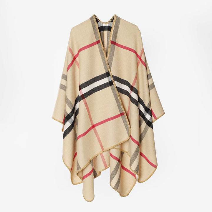 Women's Checked Wool Blend Poncho in Oversized Cape Cut with Decorative Stitch Edge Mune Fashion