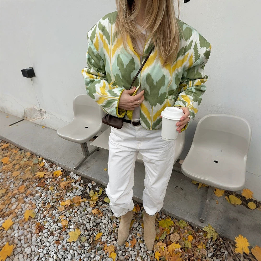 Women’s short jacket with Ikat pattern, boxy silhouette, and light cotton blend Mune Fashion