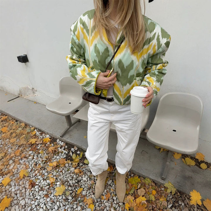 Women’s short jacket with Ikat pattern, boxy silhouette, and light cotton blend Mune Fashion