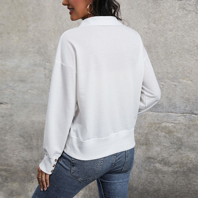 Women's Loose Sweatshirt Polo with V-Neck and Ribbed Hem Mune Fashion