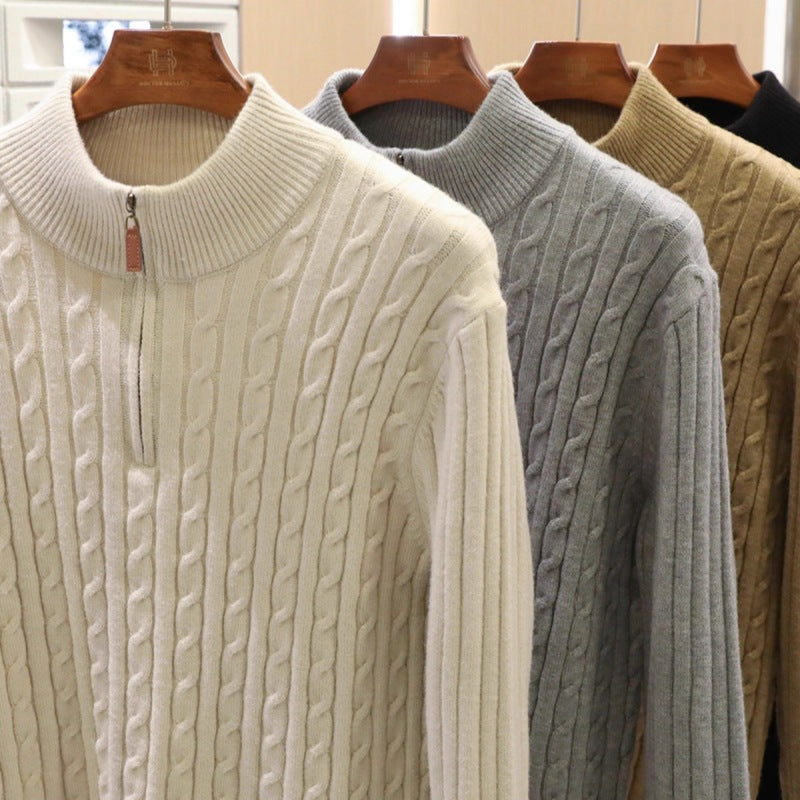 Men's fine knit pullover with cable pattern and half zip stand-up collar Mune Fashion