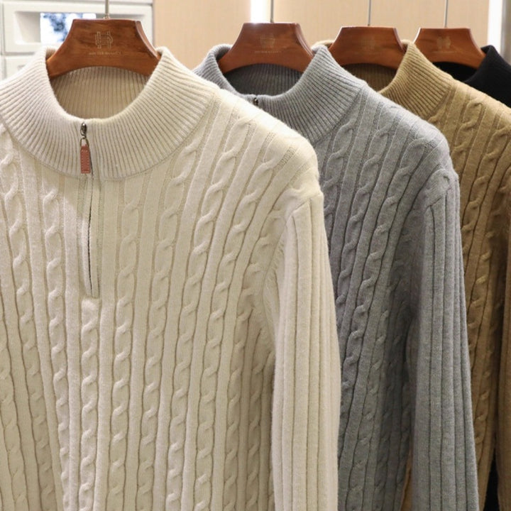 Men's fine knit pullover with cable pattern and half zip stand-up collar Mune Fashion
