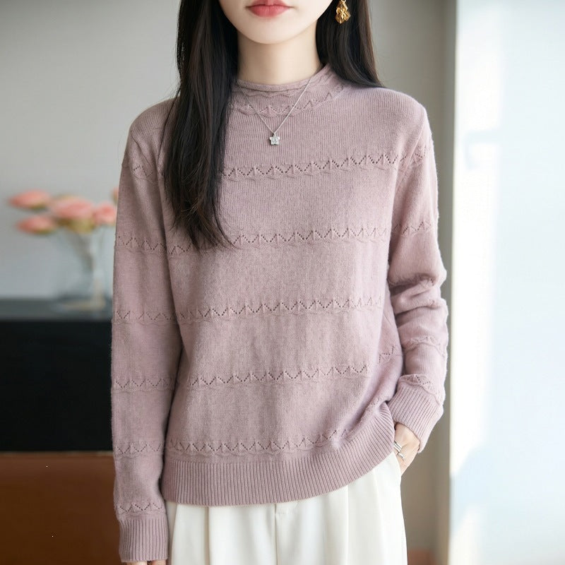 Women's lightweight lace-knit pullover with short stand-up collar and fine ribbed hem Mune Fashion