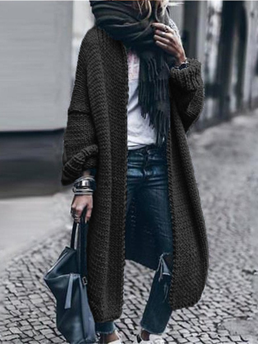 Women's Long Chunky Knit Mantle Cardigan with Drop Shoulder and Open Front Mune Fashion