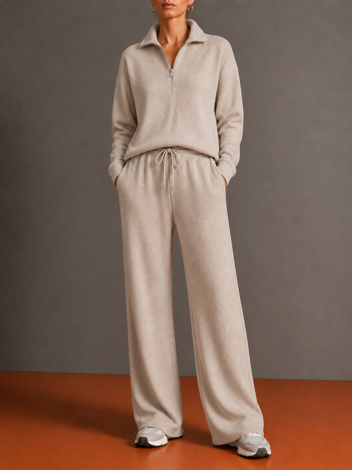 Women's cozy knit relax suit with half zipper, drawstring waistband, and wide leg Mune Fashion