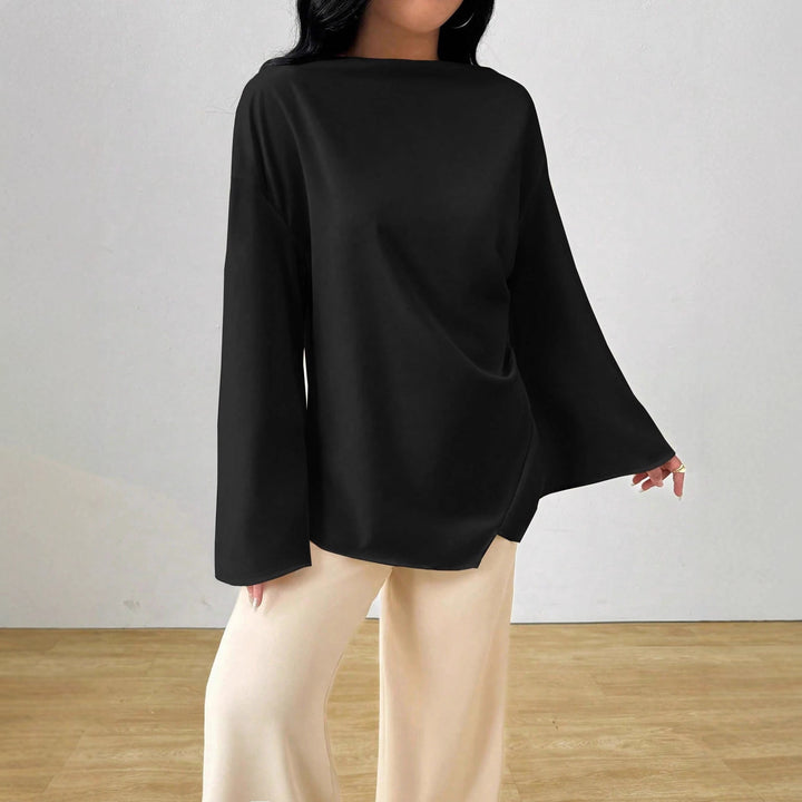Women oversized satin tunic with boat neck and wide trumpet sleeves Mune Fashion