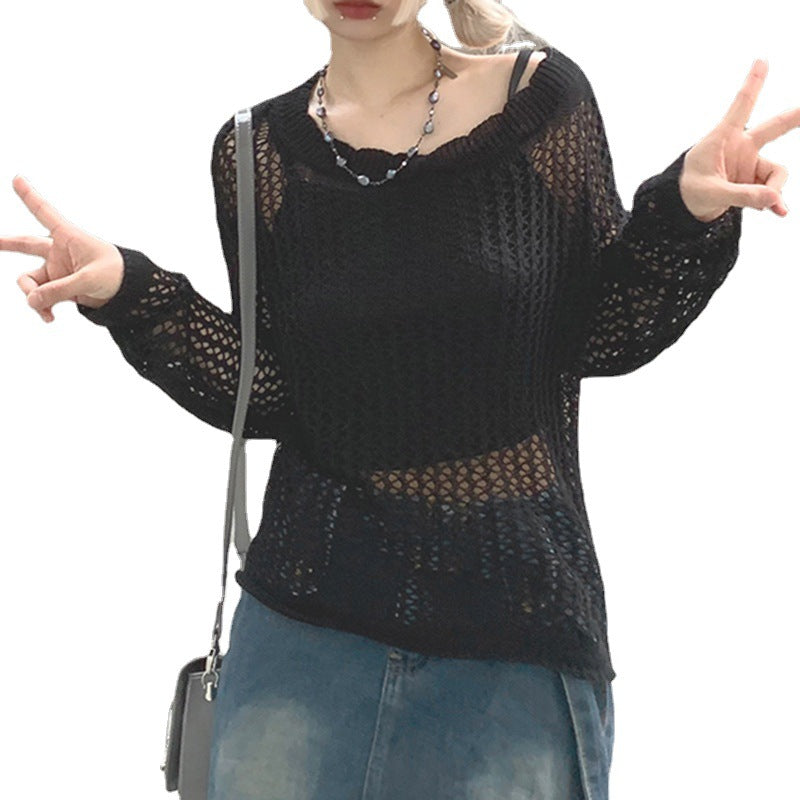 Ladies airy knitted pullover with fine mesh pattern Mune Fashion