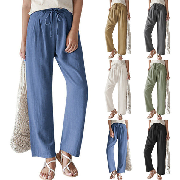 Ladies casual linen pants with wide legs, elastic waistband and side pockets Mune Fashion
