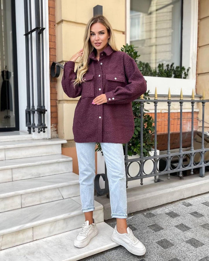 Women's Oversized Teddy Transitional Jacket with Chest Pockets and Snap Buttons Mune Fashion