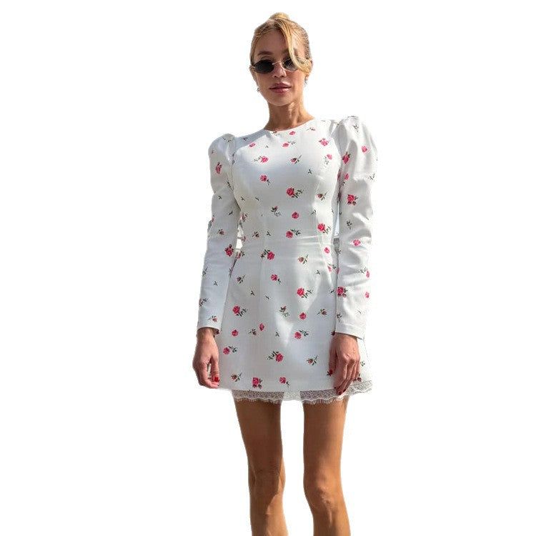 Women's Tailored Floral Mini Dress with Balloon Sleeves and Lace Trim Mune Fashion