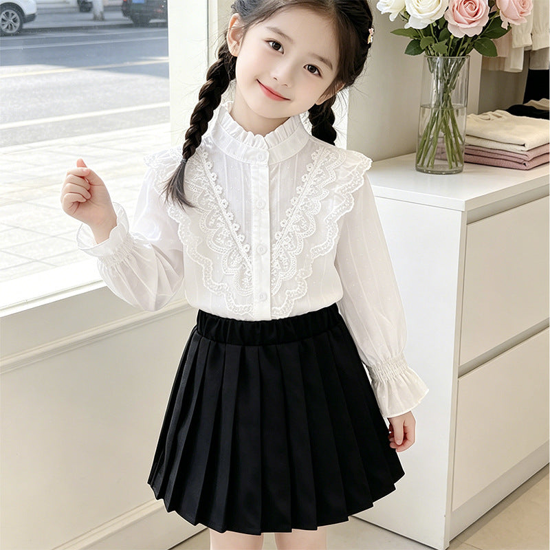 Girls elegant blouse with ruffle details and lace trim Mune Fashion