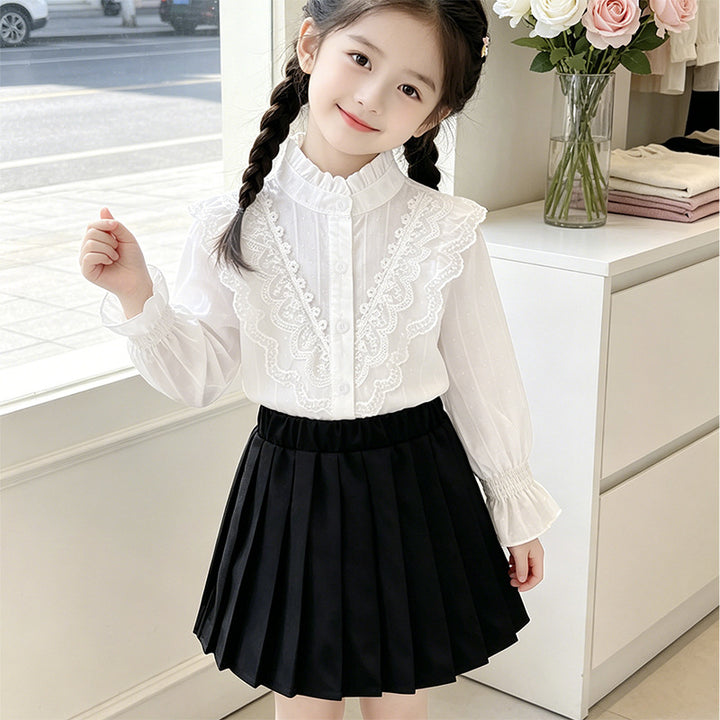 Girls elegant blouse with ruffle details and lace trim Mune Fashion