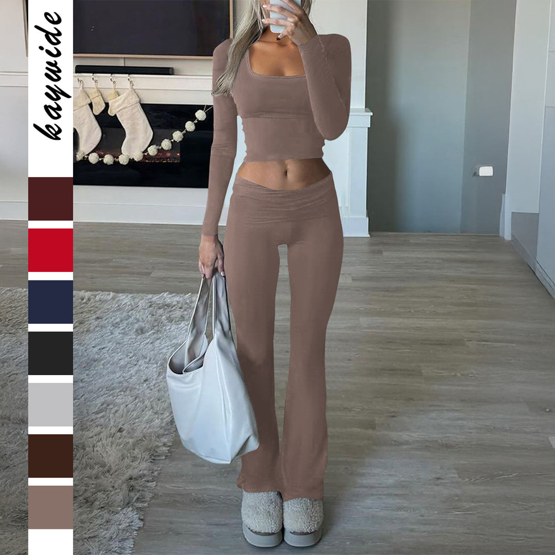 Women's figure-hugging cropped set with long-sleeve top with square neckline and flared high-waist yoga pants Mune Fashion