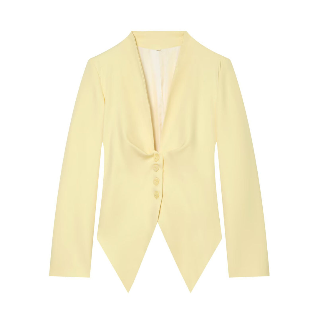 Women's Tailored Cropped Blazer with Pointed Hem and Deep V-Neck Mune Fashion