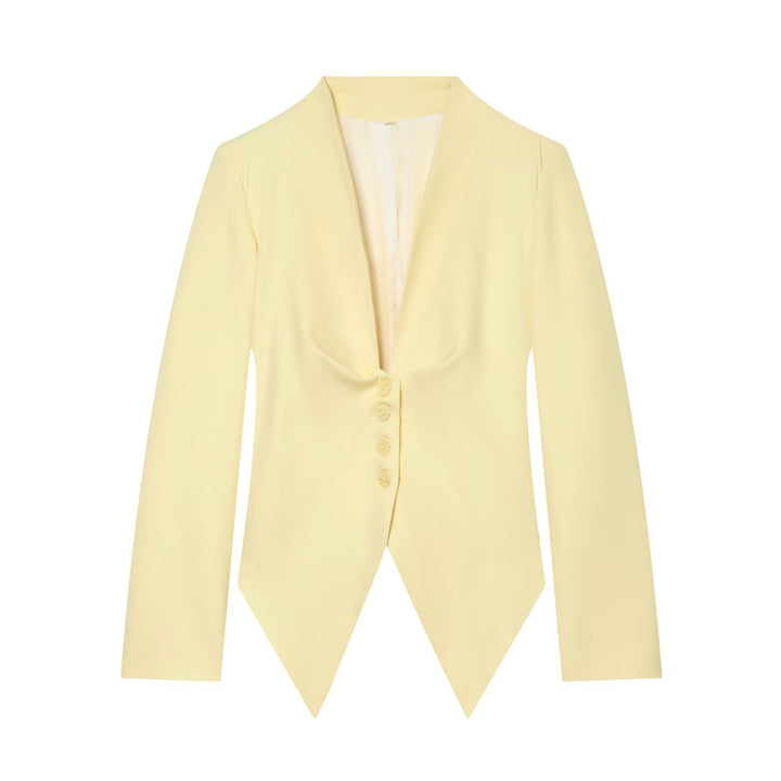 Women's Tailored Cropped Blazer with Pointed Hem and Deep V-Neck Mune Fashion
