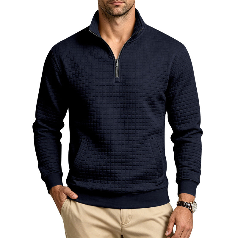 Men's Structured Stand Collar Half Zip Sweatshirt with Checkered Pattern and Kangaroo Pocket Mune Fashion