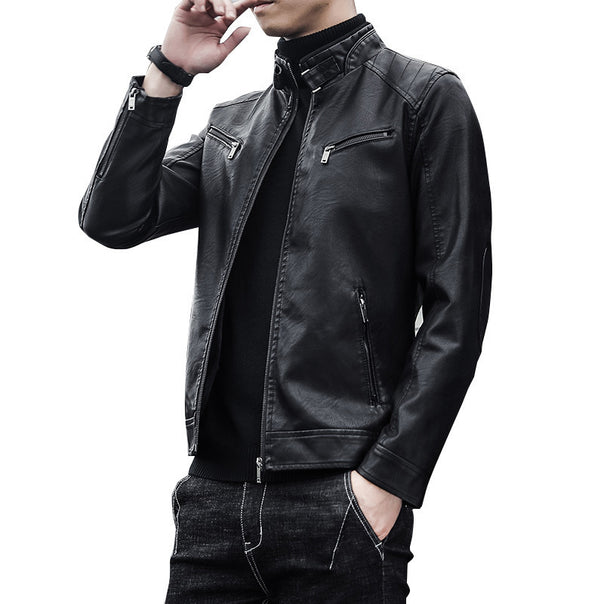 Men's Faux Leather Pilot Jacket with Stand-Up Collar and Zipper Pockets Mune Fashion