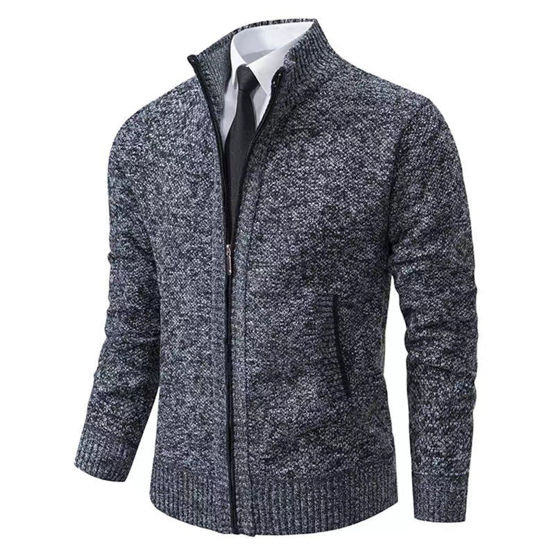 Men's melange knit zip jacket with high stand-up collar, fine texture and concealed side pockets Mune Fashion