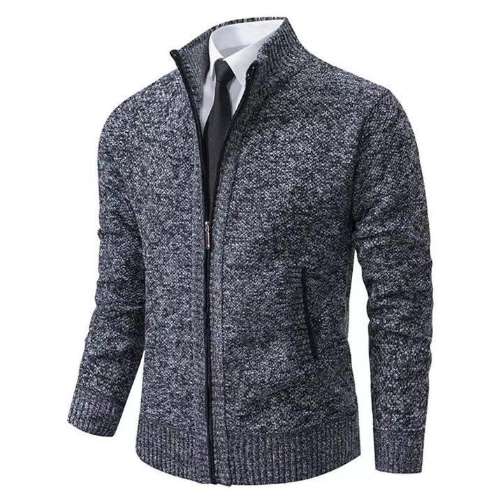 Men's melange knit zip jacket with high stand-up collar, fine texture and concealed side pockets Mune Fashion